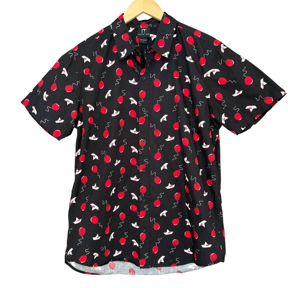 IT Chapter Two Mens Pennywise Halloween Camp Shirt Button Up Black Large AOP